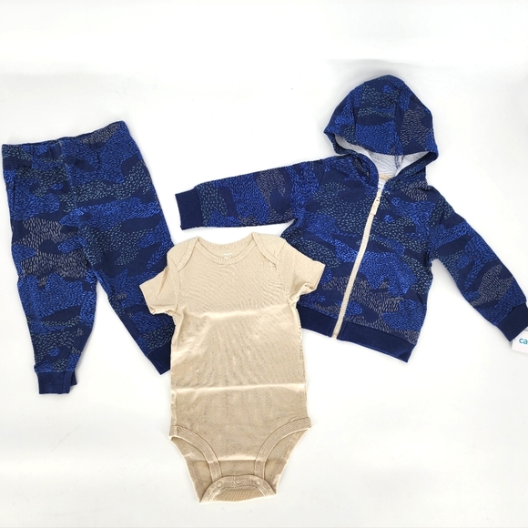 Carters NWT 3 Piece Set Onesie Pants Jacket Blue Tan Baby Boys 18M 24M - Picture 1 of 4